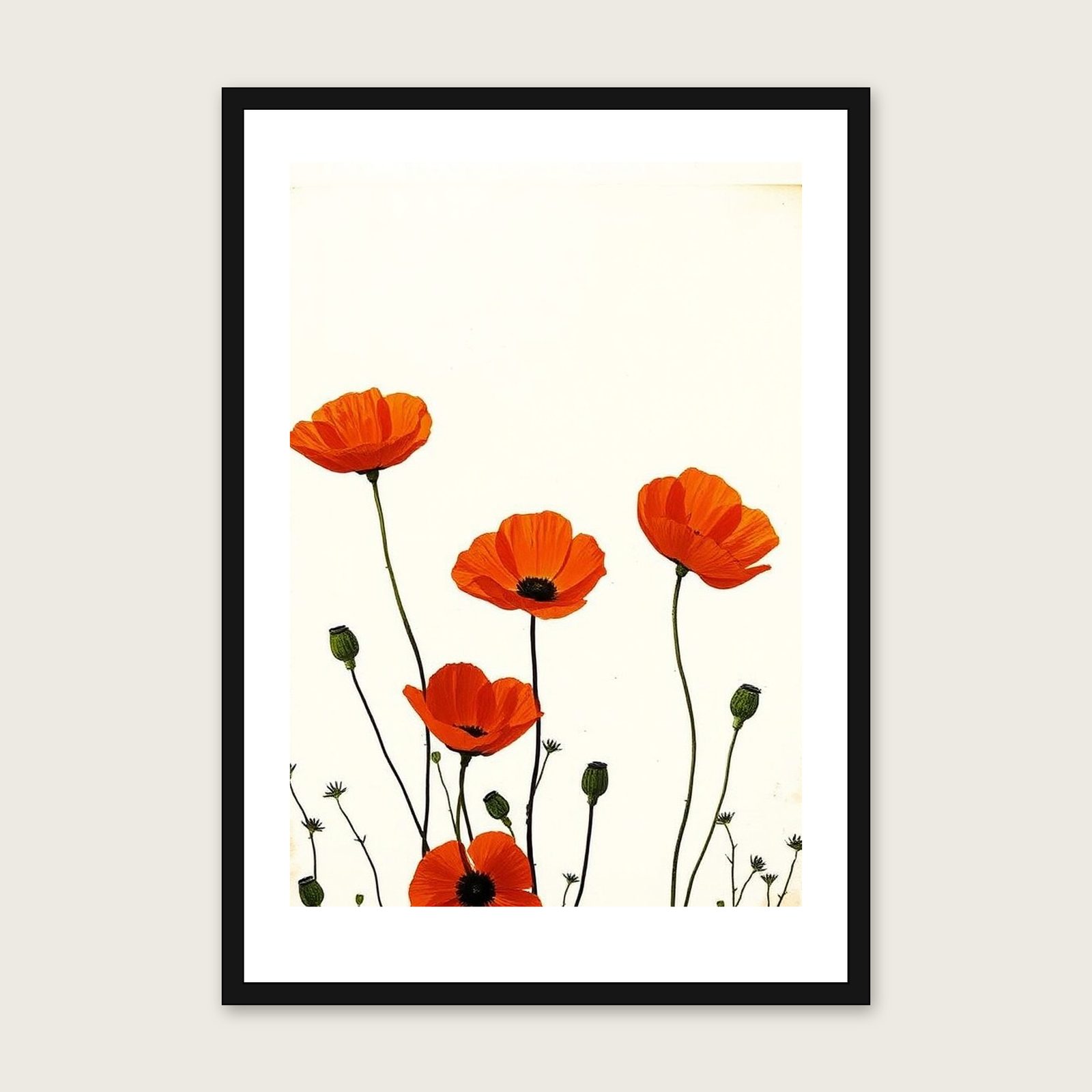 Wild Poppies Monotype Print - Framed Two Tone Botanical Wall Art shown in a black frame