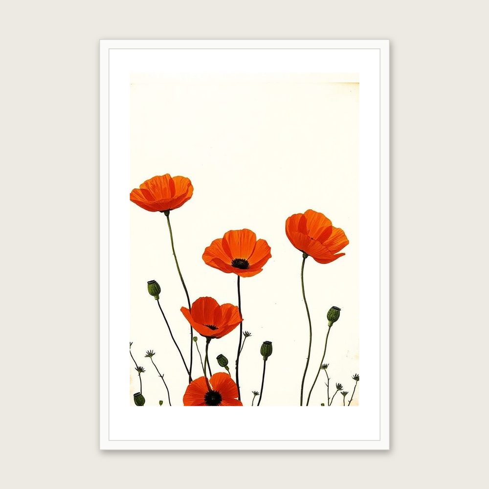 Wild Poppies Monotype Print - Framed Two Tone Botanical Wall Art - White Frame, A3