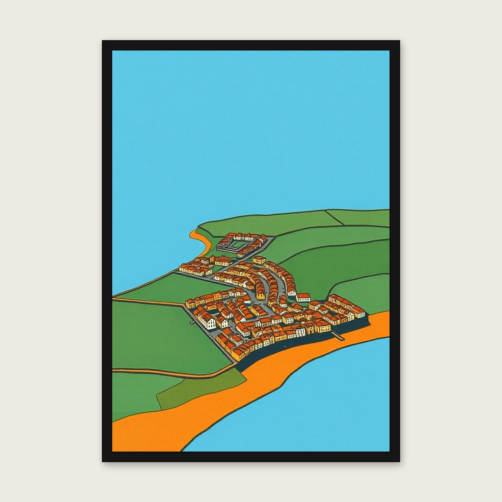 Woolacombe Gouache Wall Art - Framed Bold Colour Print shown in a black frame