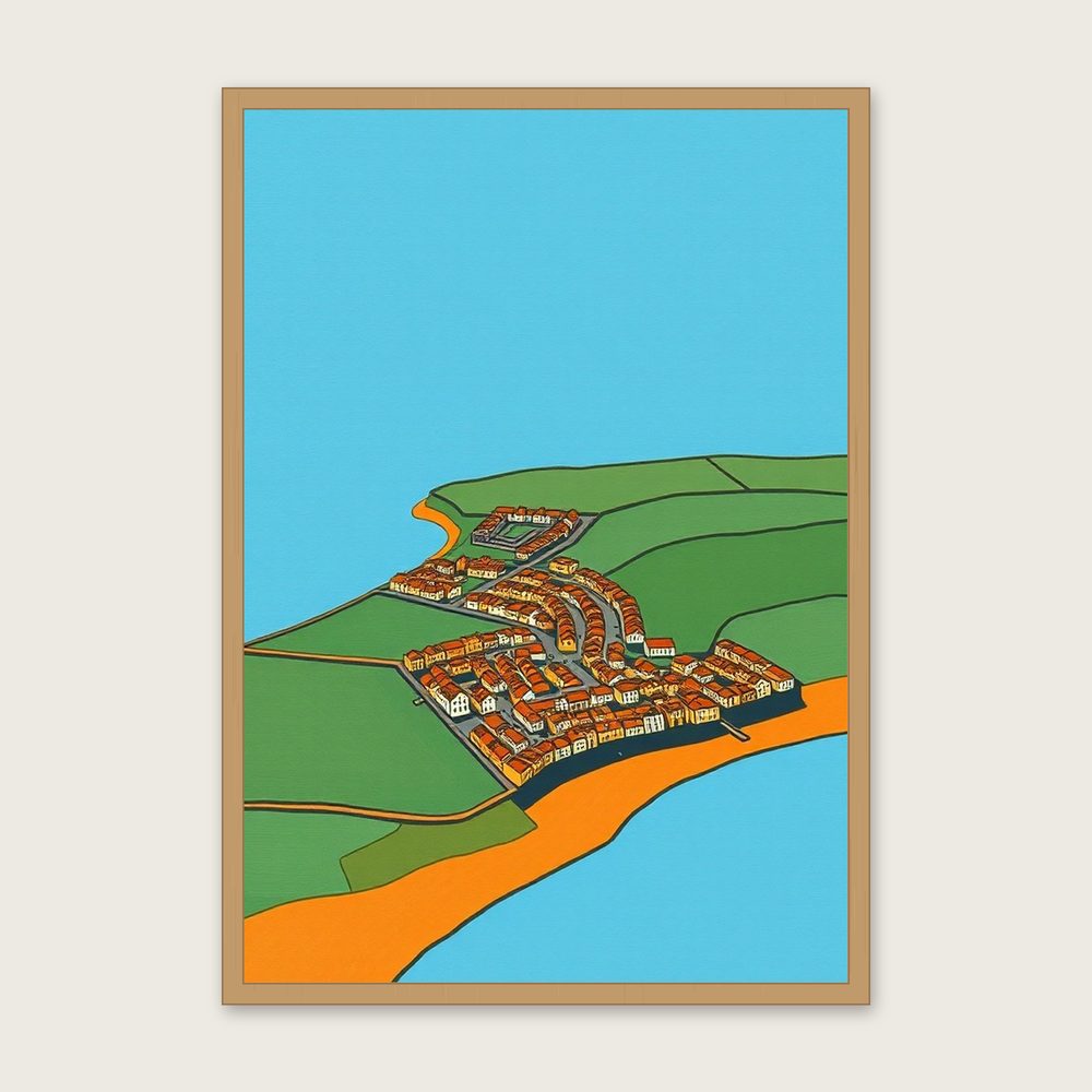 Woolacombe Gouache Wall Art - Framed Bold Colour Print - Oak Frame, A3