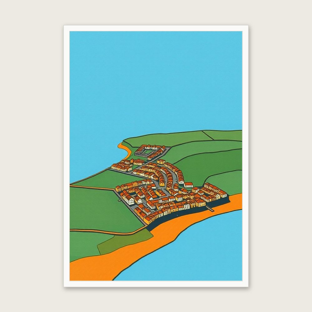 Woolacombe Gouache Wall Art - Framed Bold Colour Print - White Frame, A3
