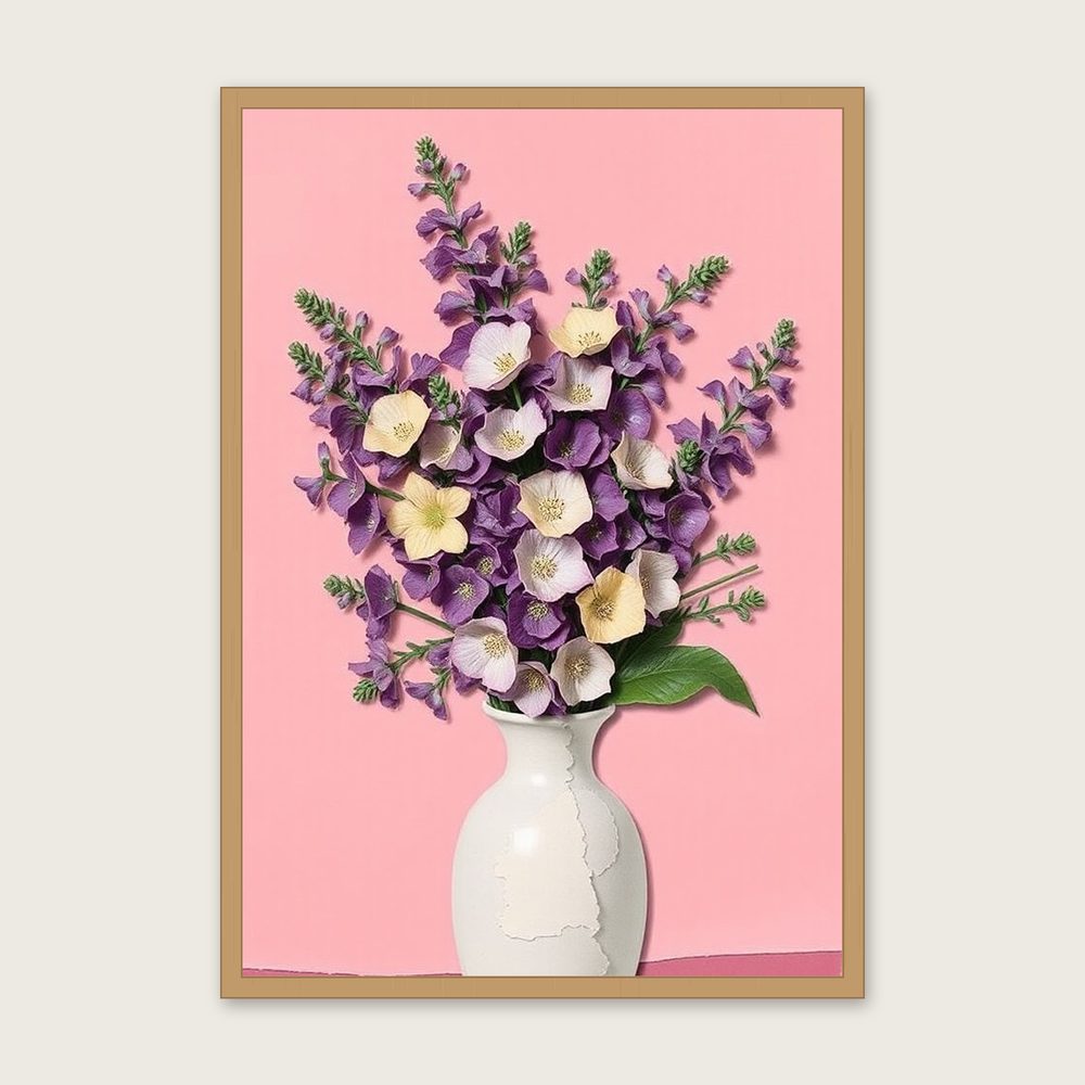Viper's Bugloss Collage Wall Art - Framed Colourful Print - Oak Frame, A3