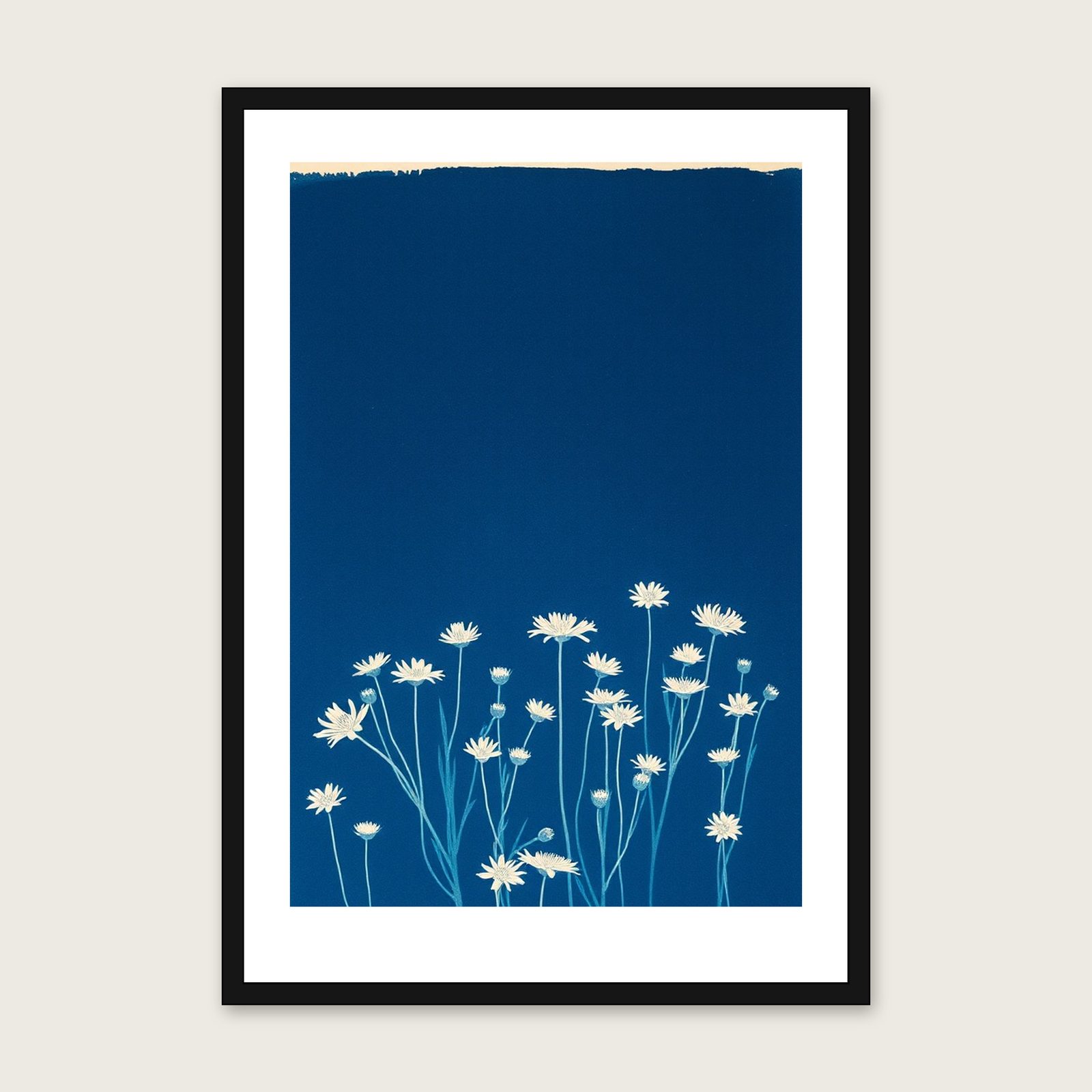 Scabious Field Botanical Wall Art - Framed Two Tone Cyanotype Print shown in a black frame