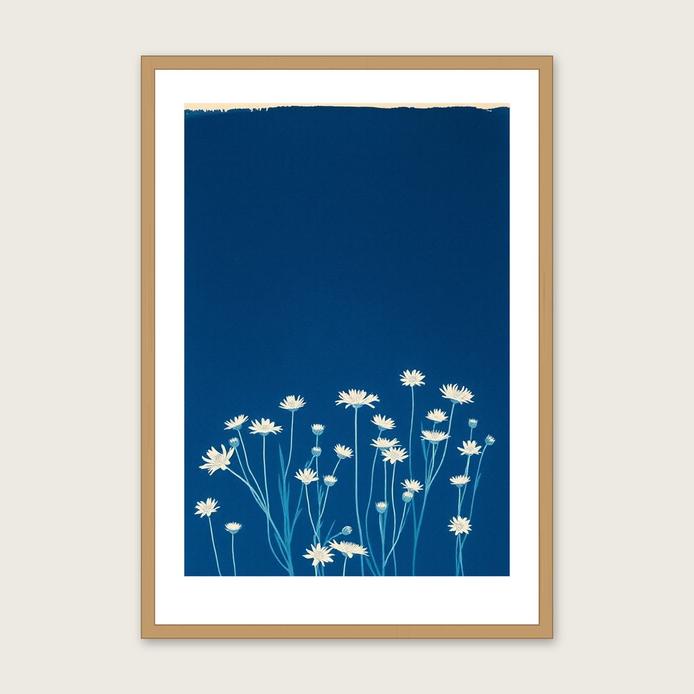 Scabious Field Botanical Wall Art - Framed Two Tone Cyanotype Print in a oak frame