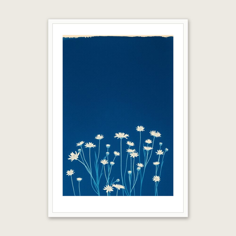Scabious Field Botanical Wall Art - Framed Two Tone Cyanotype Print in a white frame