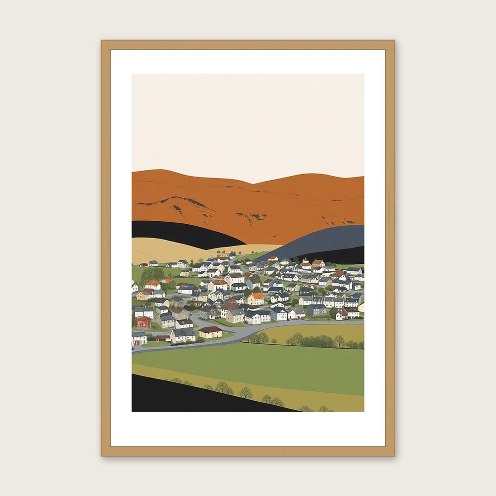 Whernside Gouache Print - Framed Two Tone Landscape Wall Art in a oak frame