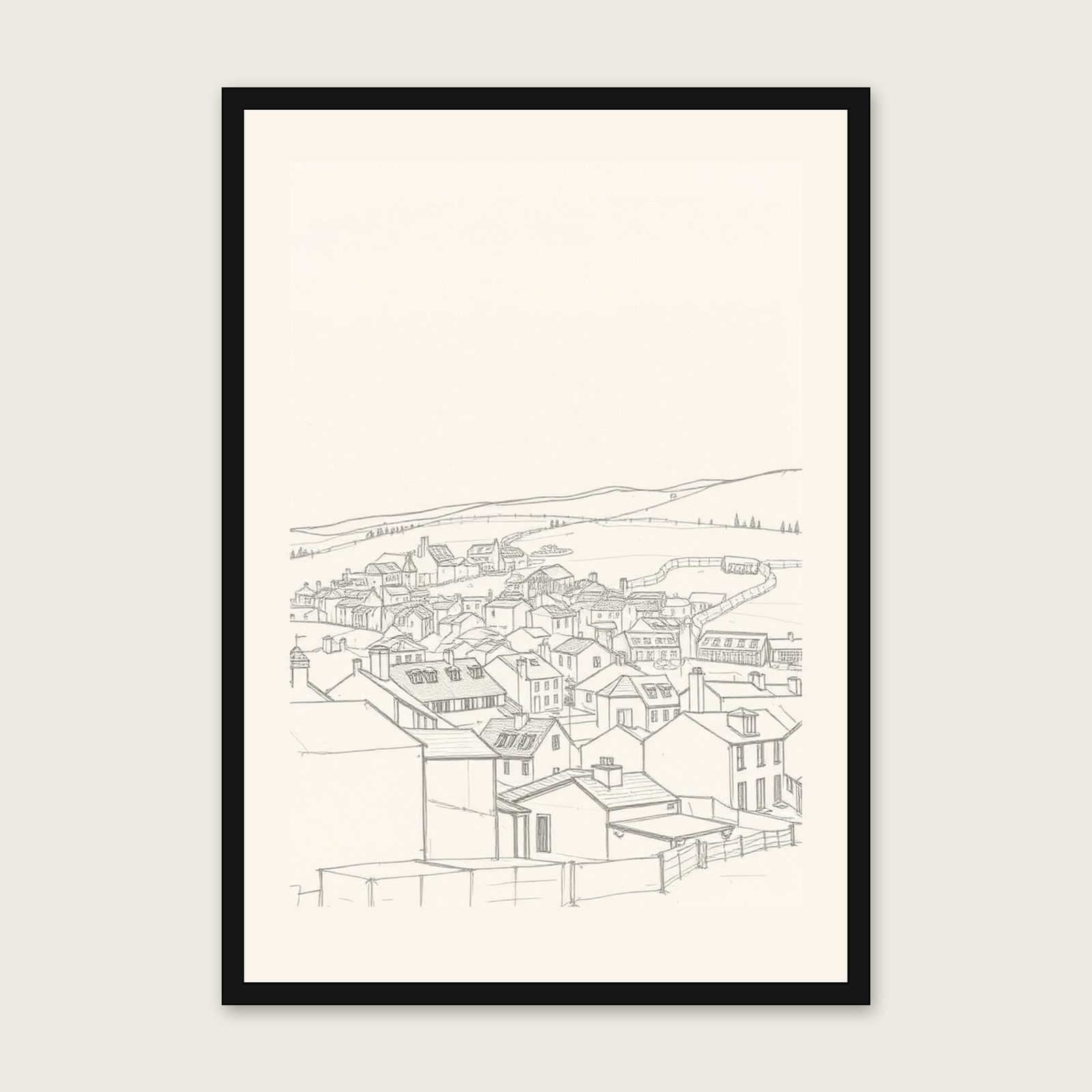 Cadgwith Pencil Sketch Print - Framed Neutral & Beige Landscape Wall Art shown in a black frame