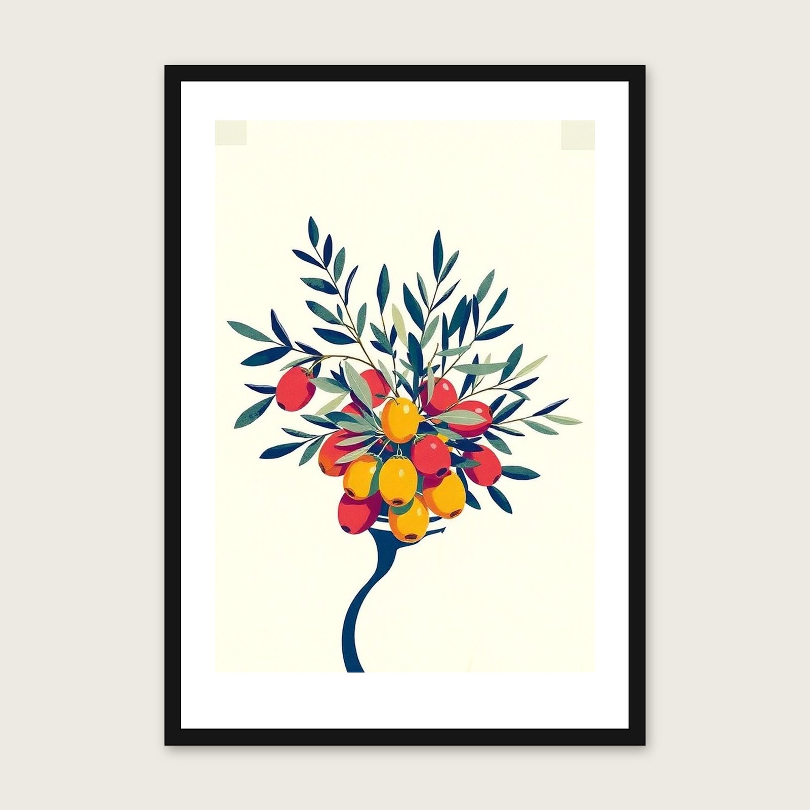 Olive Branch and Fruit Botanical Wall Art - Framed Colourful Riso Print shown in a black frame