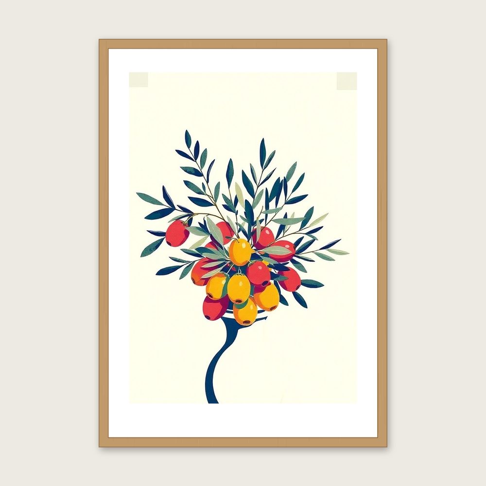 Olive Branch and Fruit Botanical Wall Art - Framed Colourful Riso Print - Oak Frame, A3