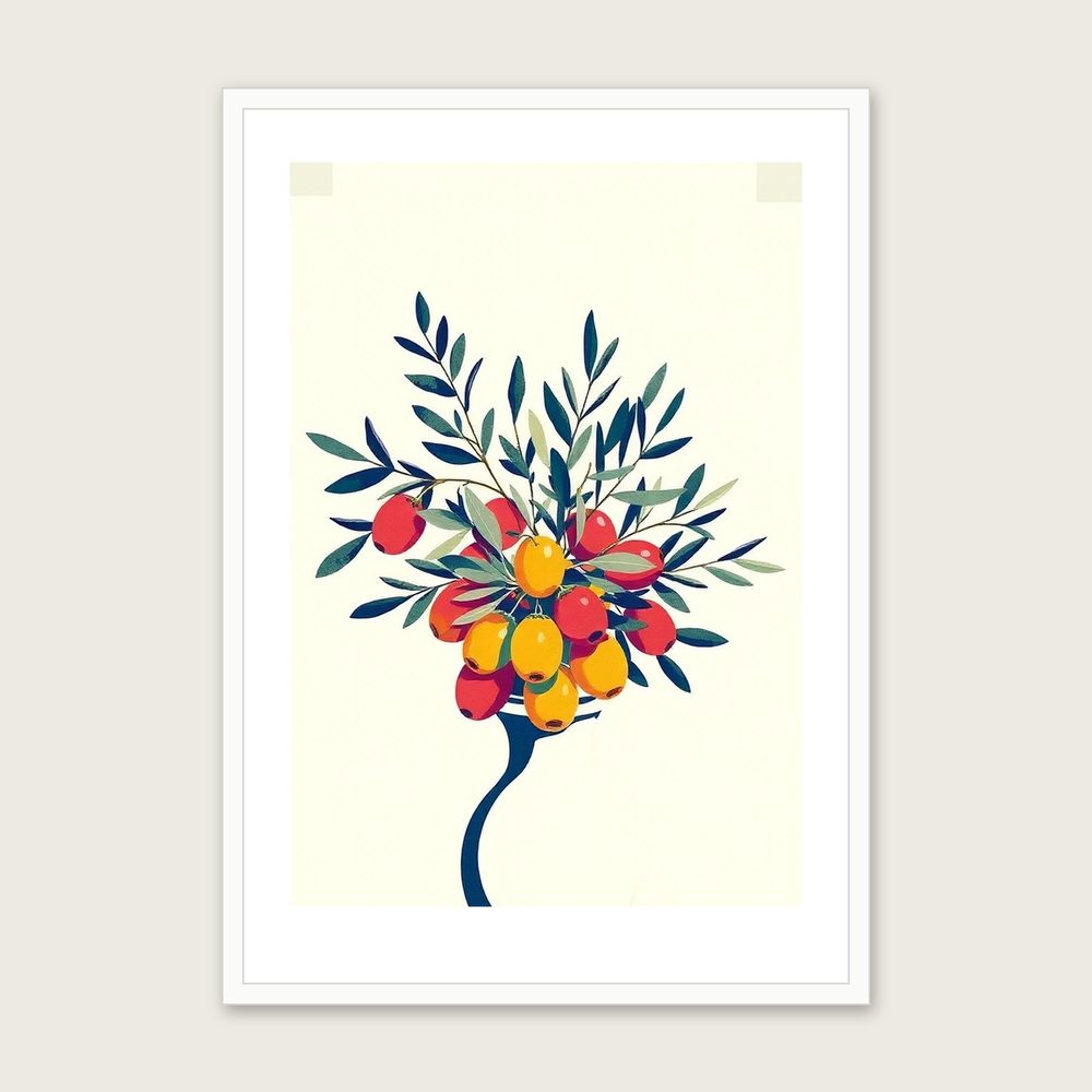 Olive Branch and Fruit Botanical Wall Art - Framed Colourful Riso Print - White Frame, A3