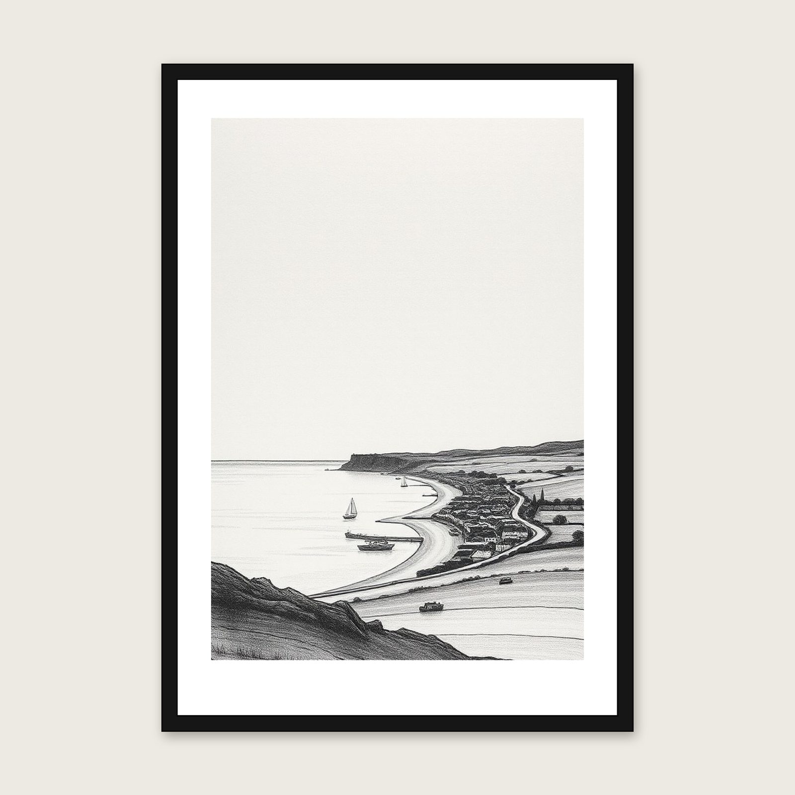 Framed Charcoal Print of Druridge Bay - Black & White Landscape Wall Art shown in a black frame