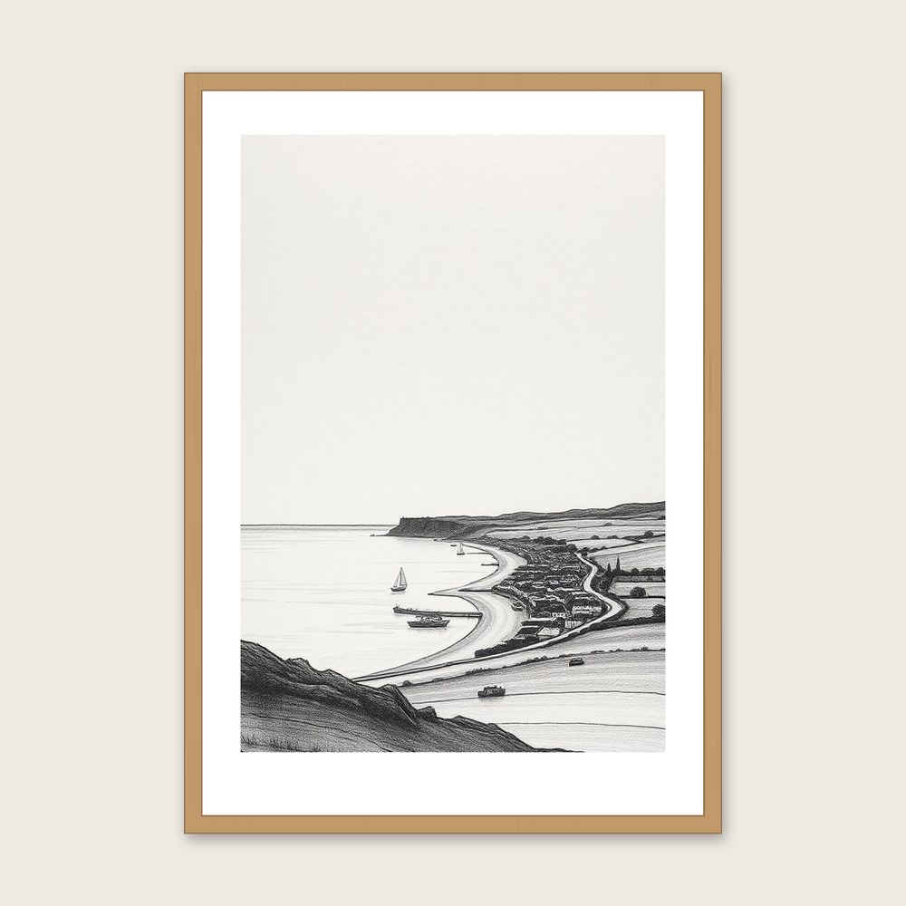 Framed Charcoal Print of Druridge Bay - Black & White Landscape Wall Art - Oak Frame, A3