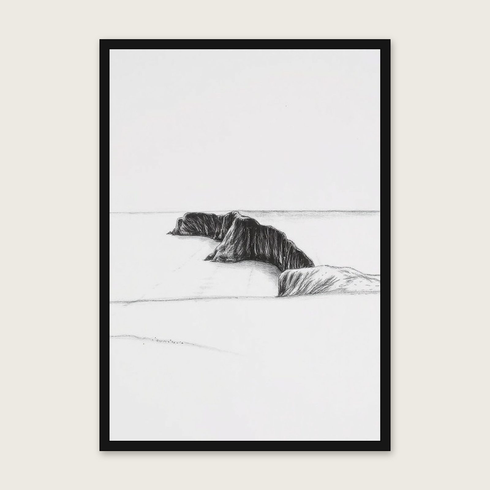 Framed Charcoal Print of Perranporth - Black & White Landscape Wall Art shown in a black frame