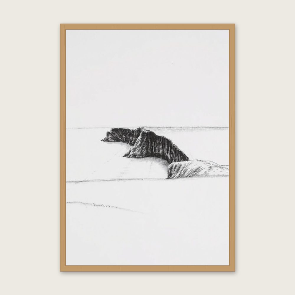 Framed Charcoal Print of Perranporth - Black & White Landscape Wall Art in a oak frame