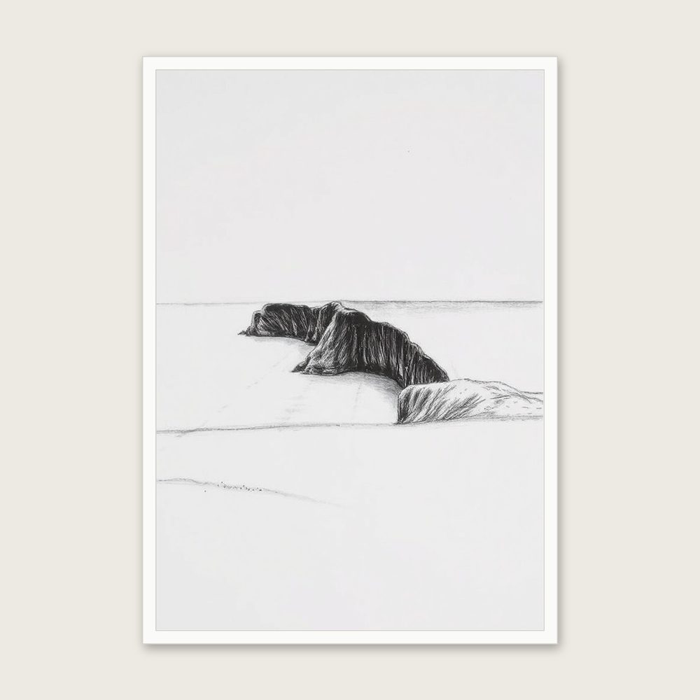 Framed Charcoal Print of Perranporth - Black & White Landscape Wall Art in a white frame