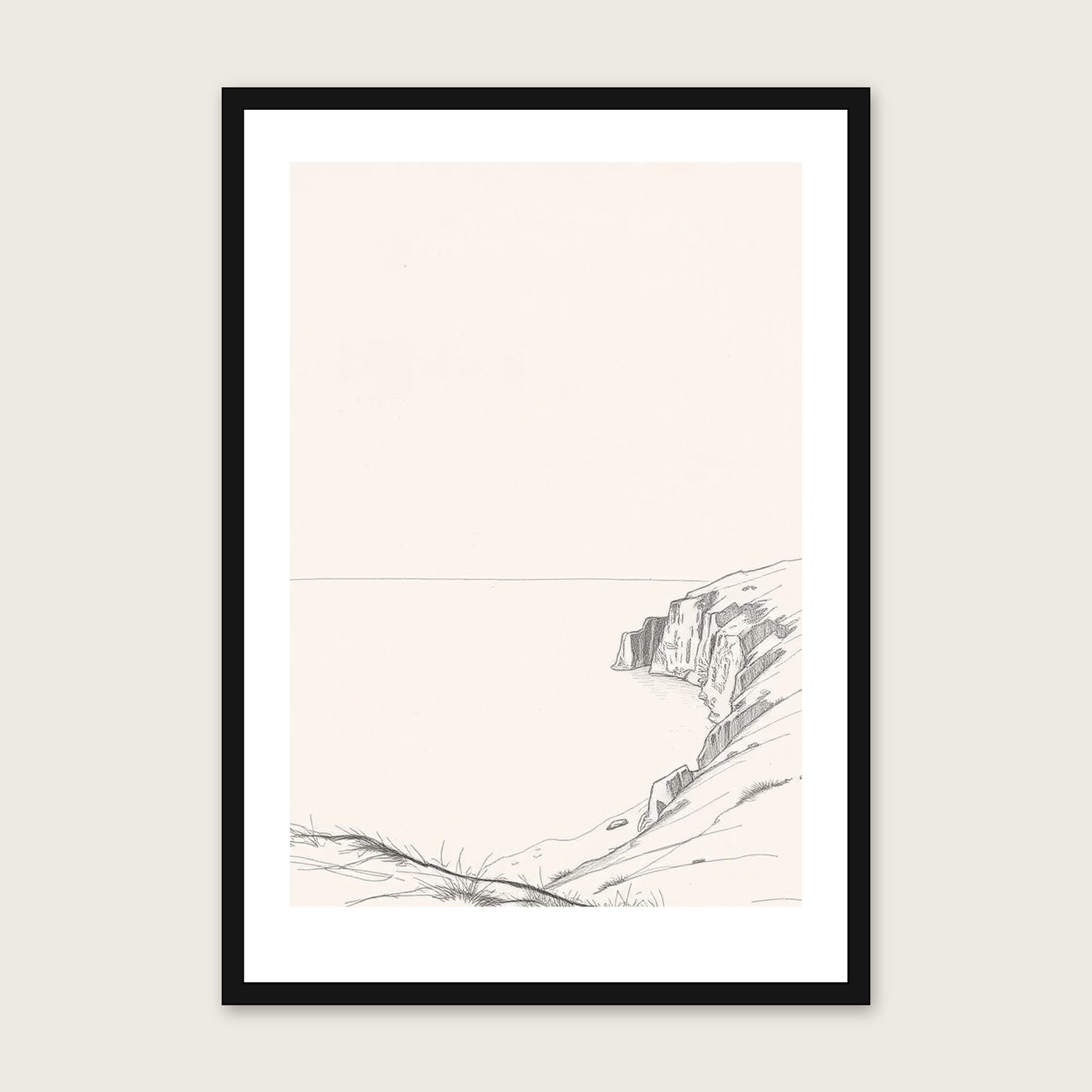 Framed Pencil Sketch Print of Lulworth Cove - Neutral & Beige Landscape Wall Art shown in a black frame