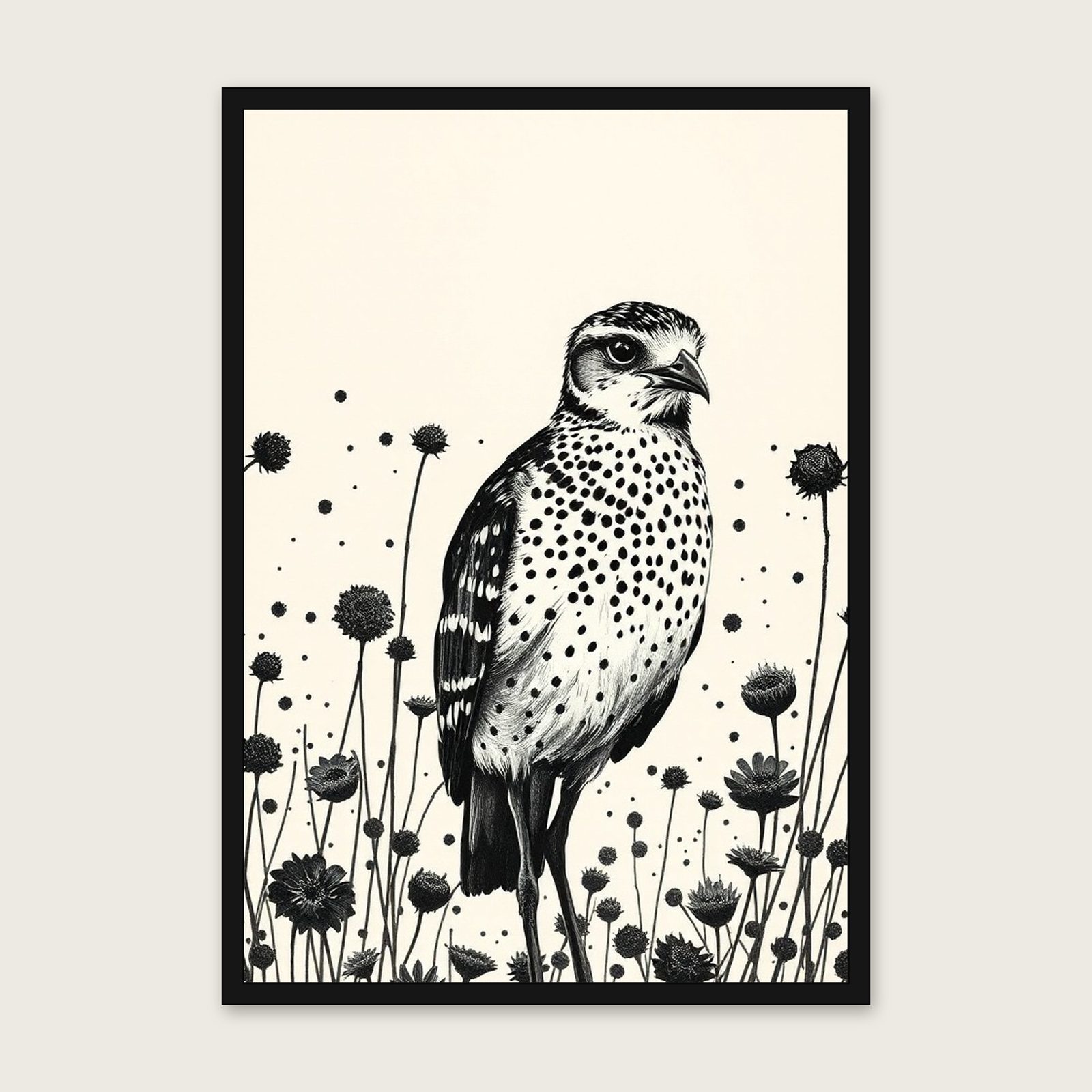 Framed Ink Wash Print of Curlew - Black & White Animal Wall Art shown in a black frame
