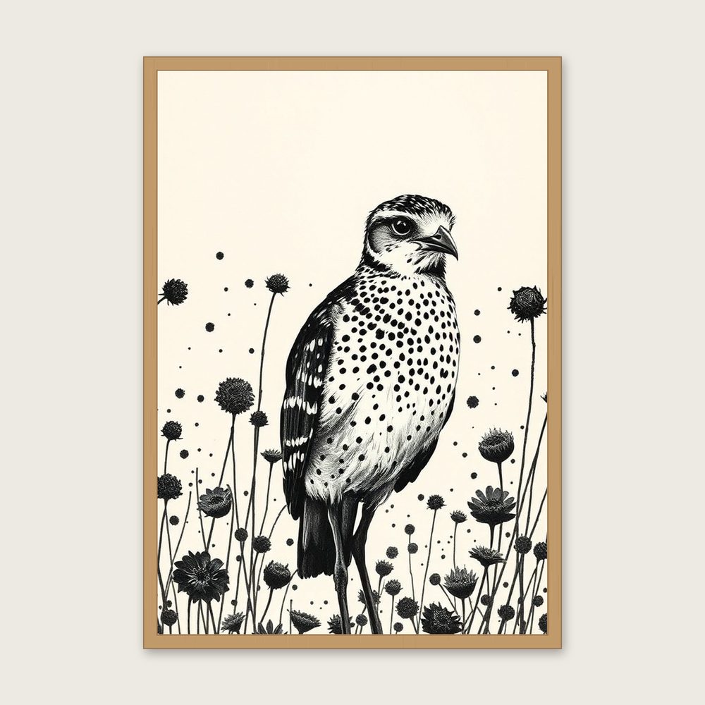 Framed Ink Wash Print of Curlew - Black & White Animal Wall Art in a oak frame