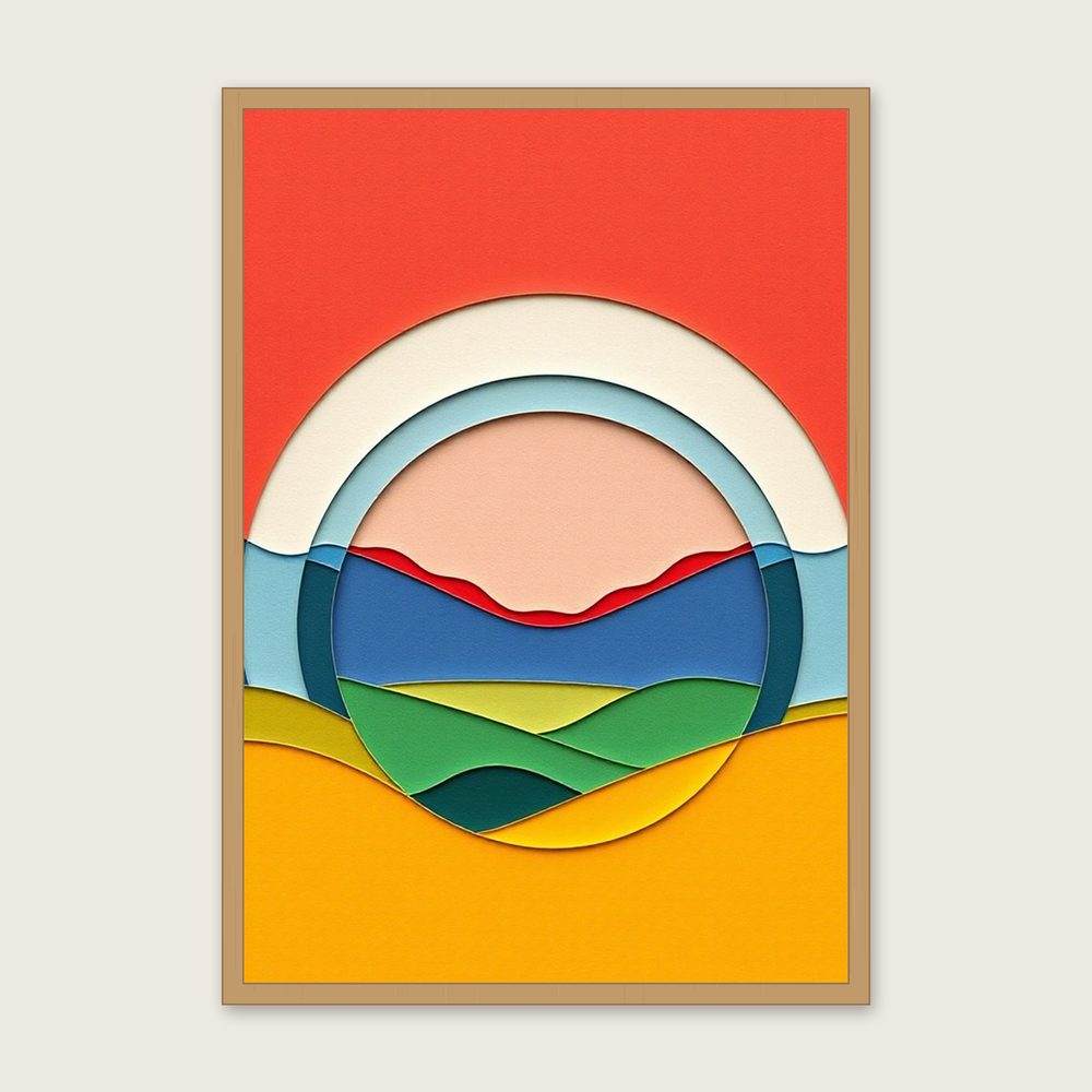 Grasmere Landscape Wall Art - Framed Colourful Collage Print in a oak frame