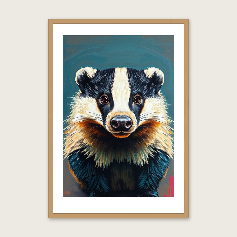 Framed Impasto Print of Badger - Colourful Animal Wall Art in a oak frame