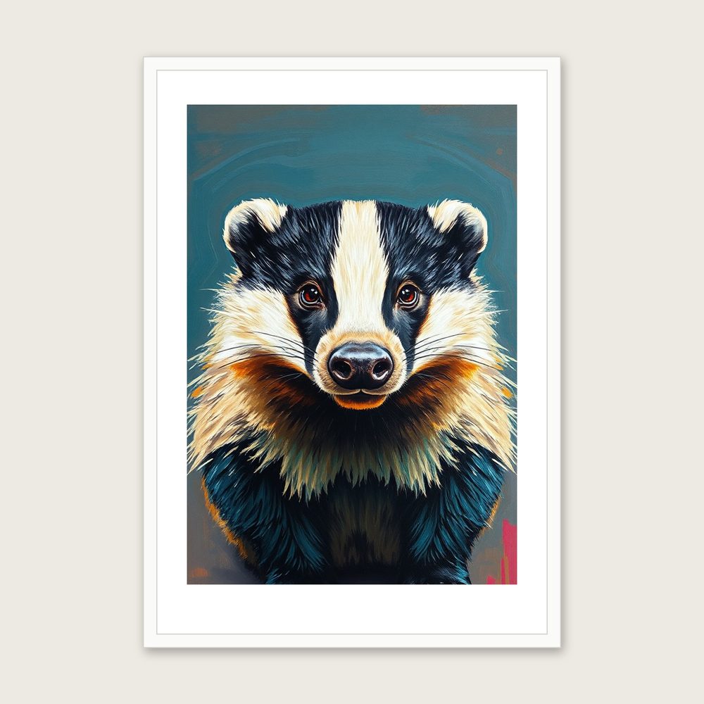 Framed Impasto Print of Badger - Colourful Animal Wall Art in a white frame