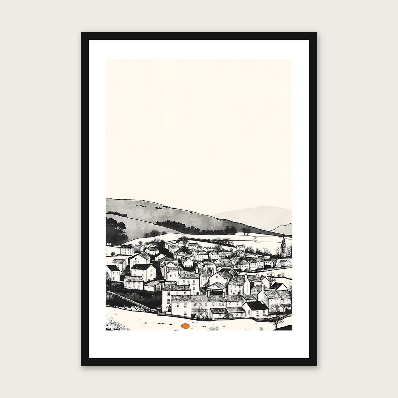 Tarn Hows Ink Wash Print - Framed Neutral & Beige Landscape Wall Art shown in a black frame