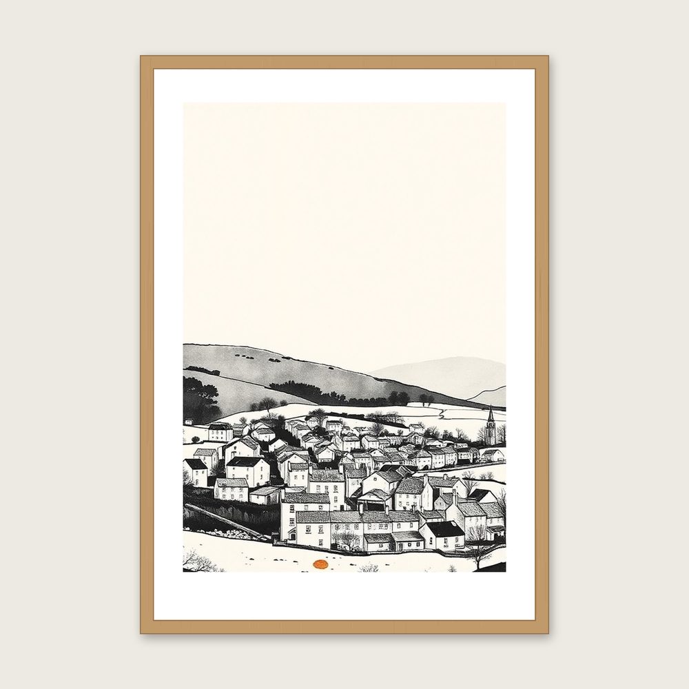 Tarn Hows Ink Wash Print - Framed Neutral & Beige Landscape Wall Art - Oak Frame, A3