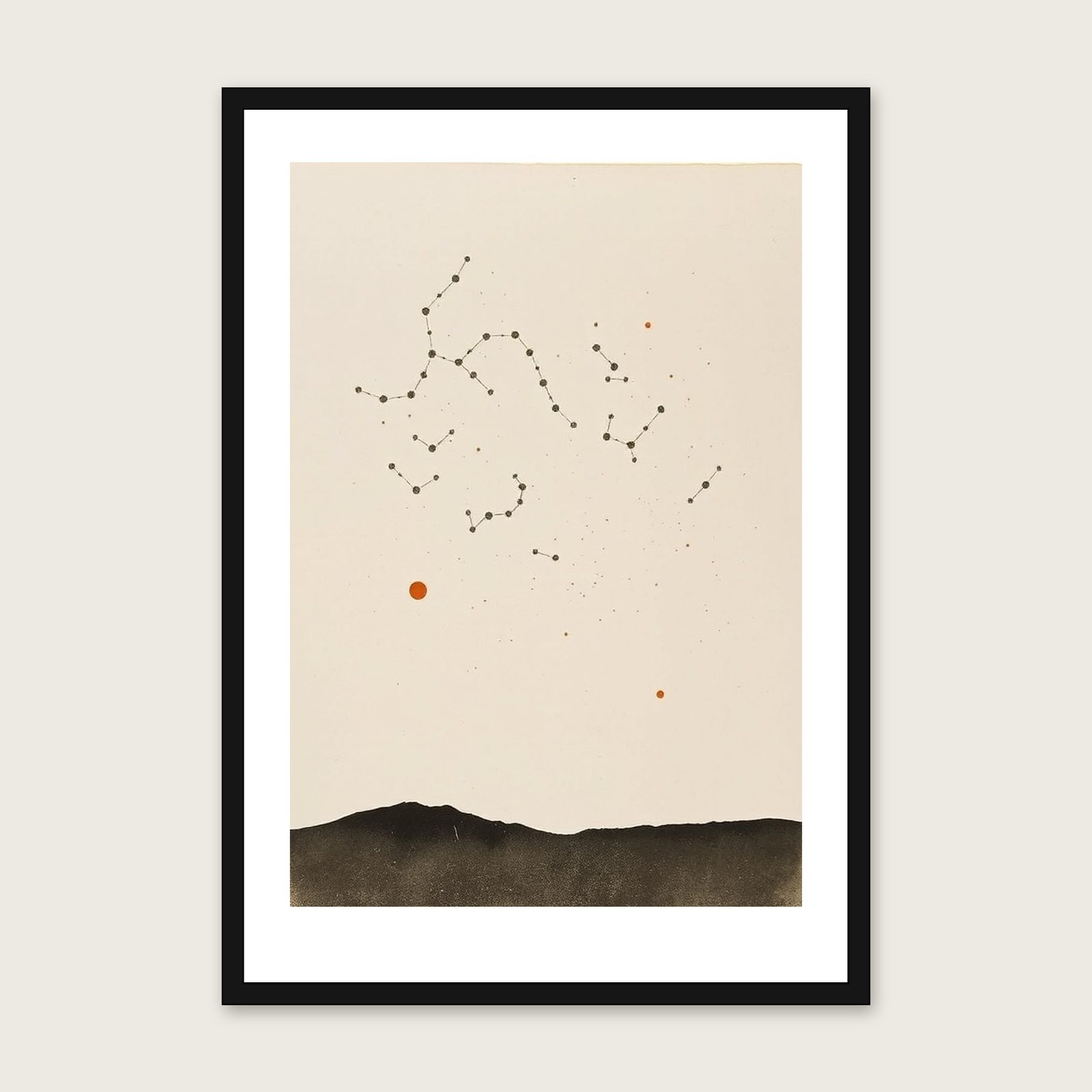 The Constellation Cygnus Monotype Print - Framed Neutral & Beige Celestial Wall Art shown in a black frame