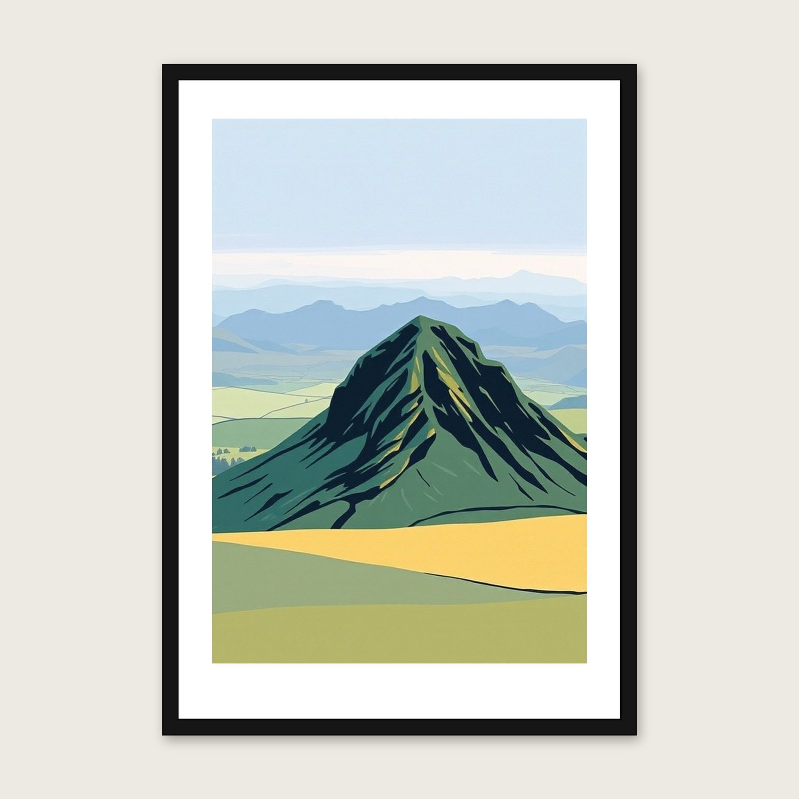 Crib Goch Landscape Wall Art - Framed Two Tone Gouache Print shown in a black frame