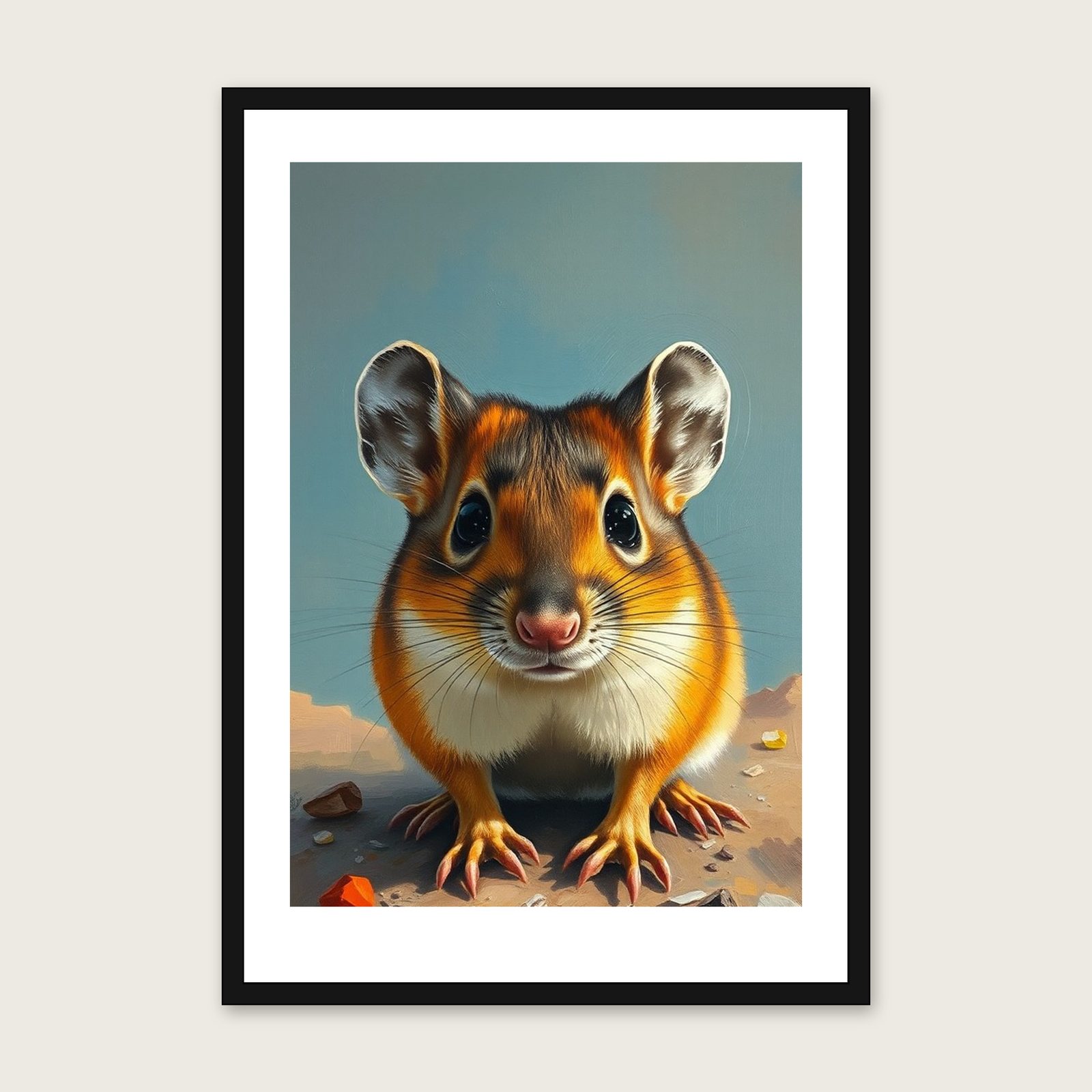 Framed Impasto Print of Field Mouse - Colourful Animal Wall Art shown in a black frame