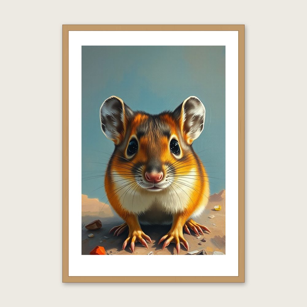 Framed Impasto Print of Field Mouse - Colourful Animal Wall Art in a oak frame