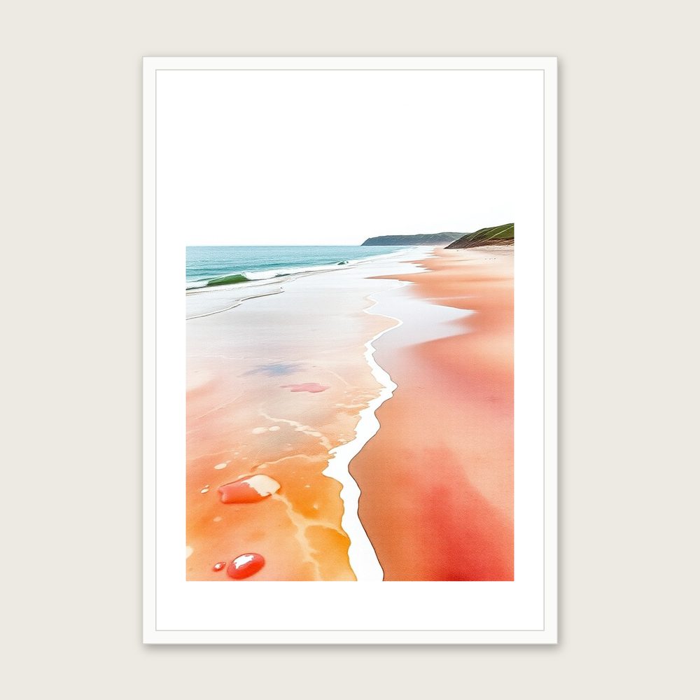Fistral Beach Landscape Wall Art - Framed Two Tone Watercolour Print in a white frame