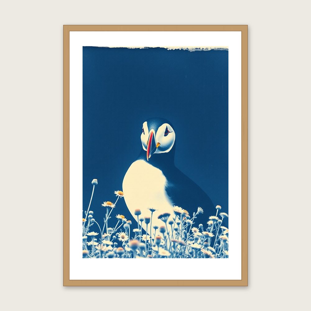 Framed Cyanotype Print of Puffin - Two Tone Animal Wall Art in a oak frame