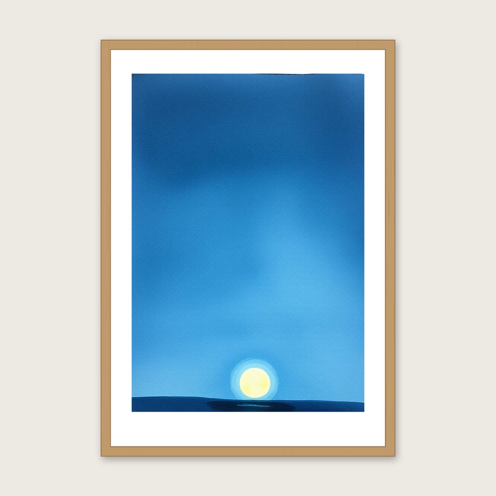 A Moonrise Over Water - Framed Watercolour Celestial Print in Two Tone - Oak Frame, A3