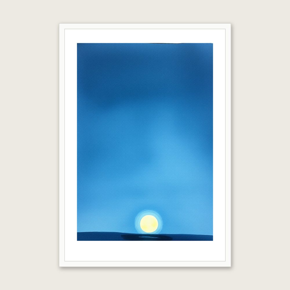 A Moonrise Over Water - Framed Watercolour Celestial Print in Two Tone in a white frame