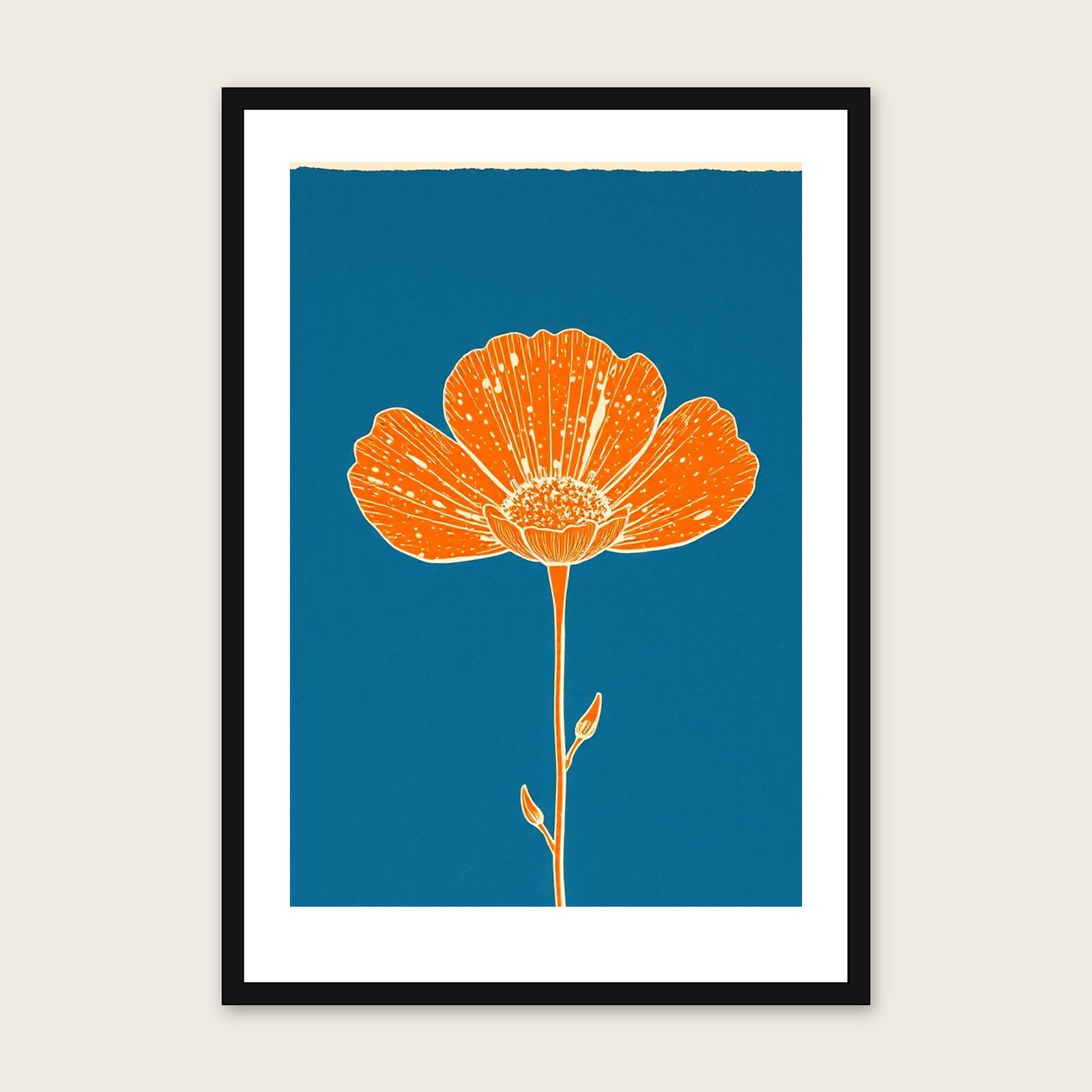 Oxlip Linocut Print - Framed Bold Colour Botanical Wall Art shown in a black frame