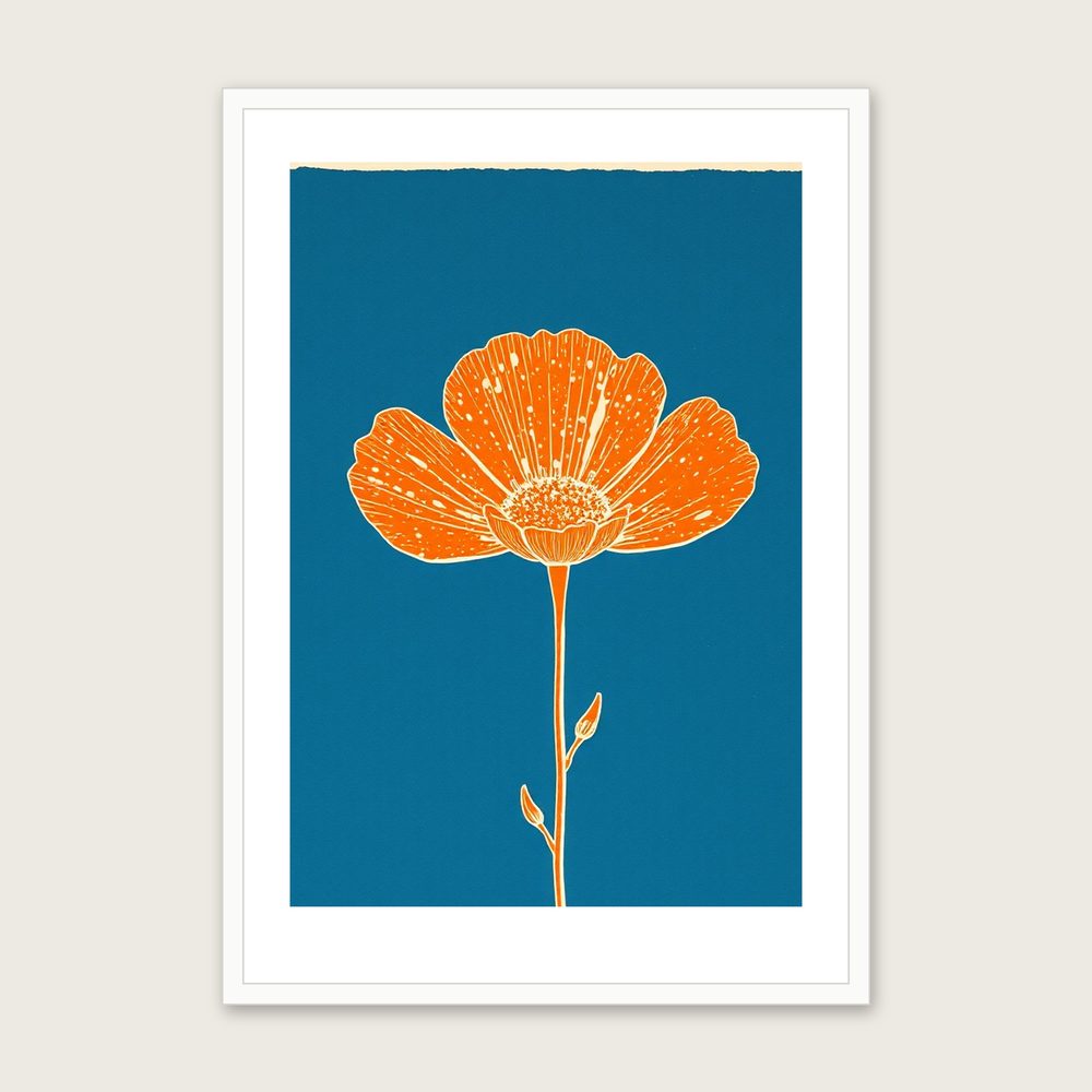 Oxlip Linocut Print - Framed Bold Colour Botanical Wall Art in a white frame