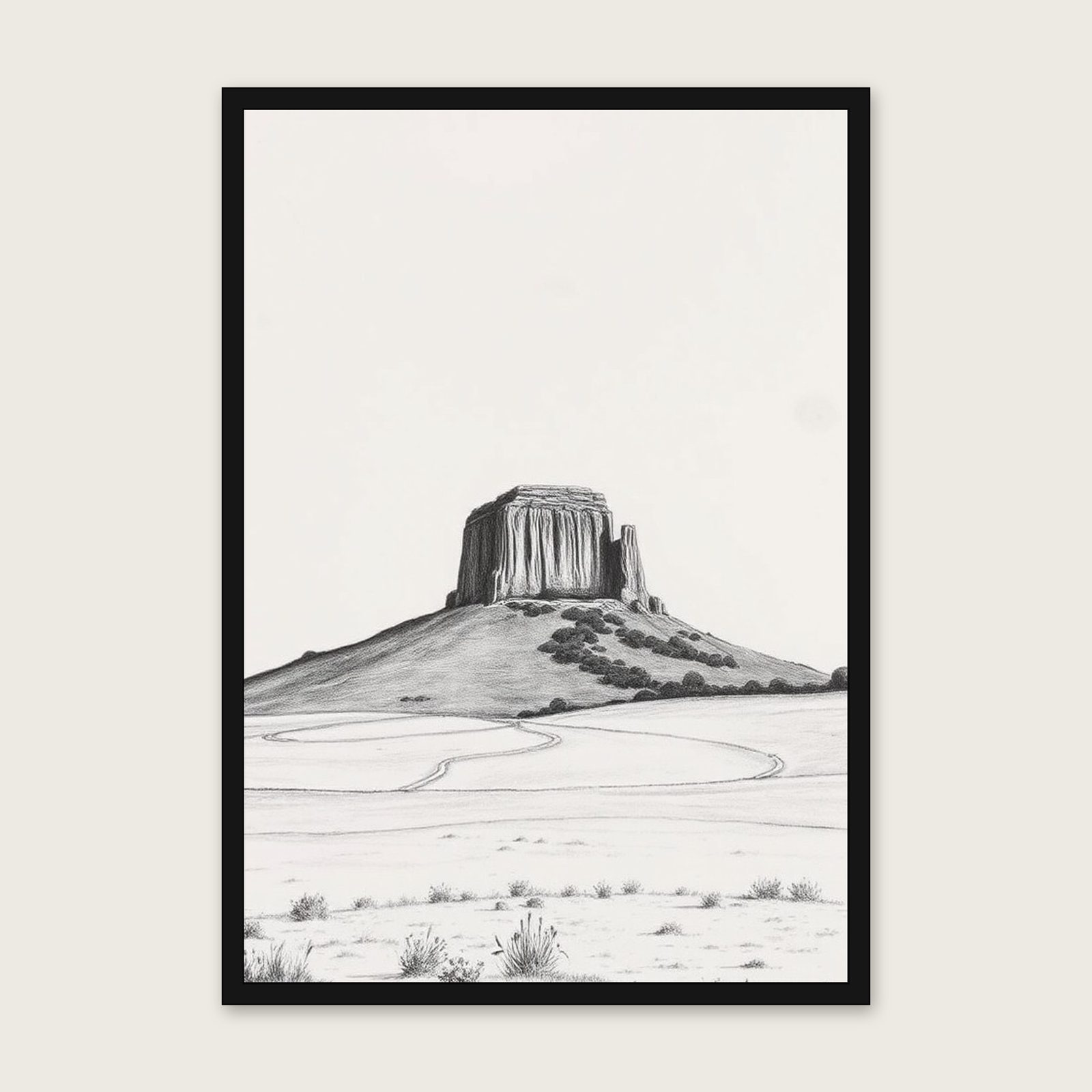 Glastonbury Tor - Framed Charcoal Landscape Print in Black & White shown in a black frame
