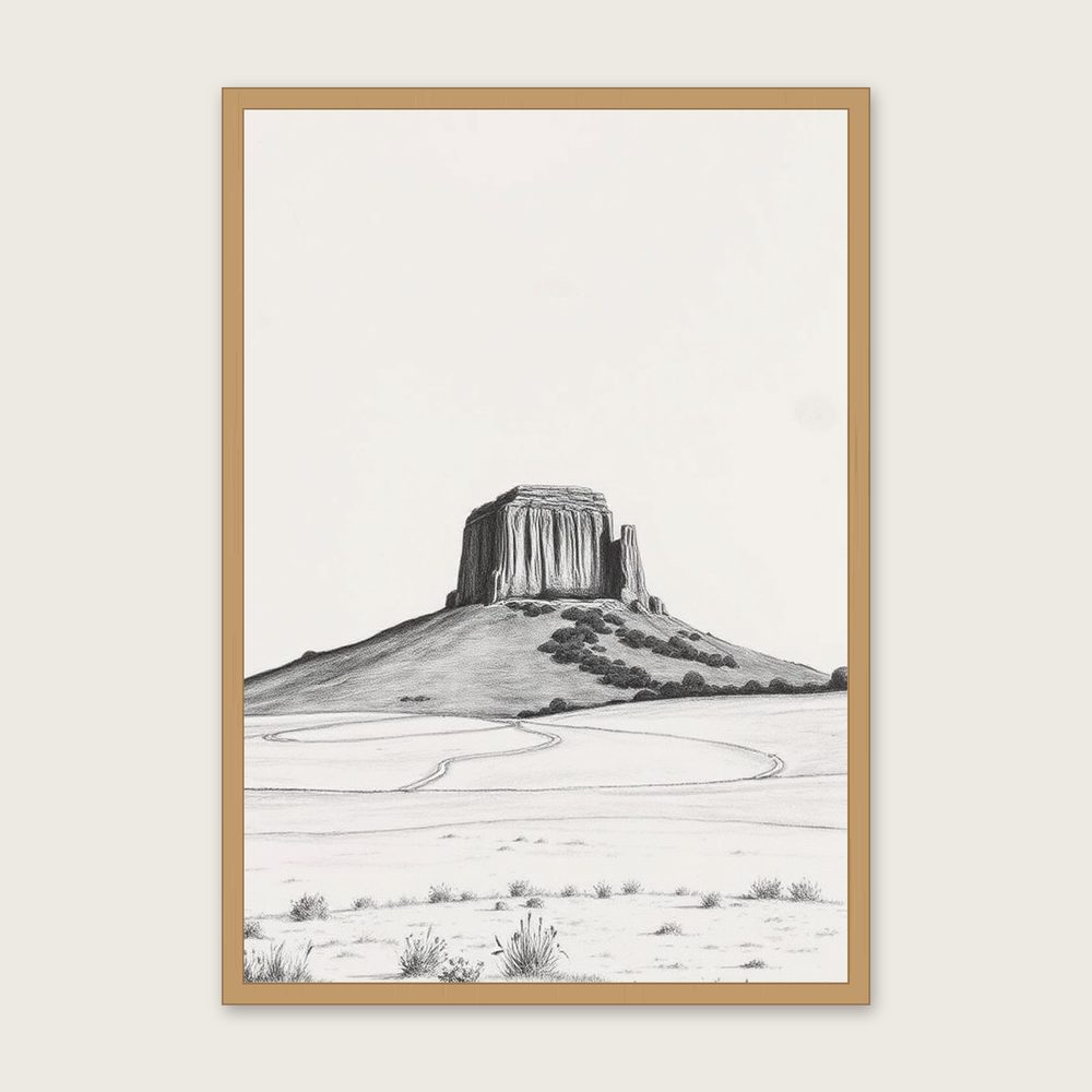 Glastonbury Tor - Framed Charcoal Landscape Print in Black & White in a oak frame