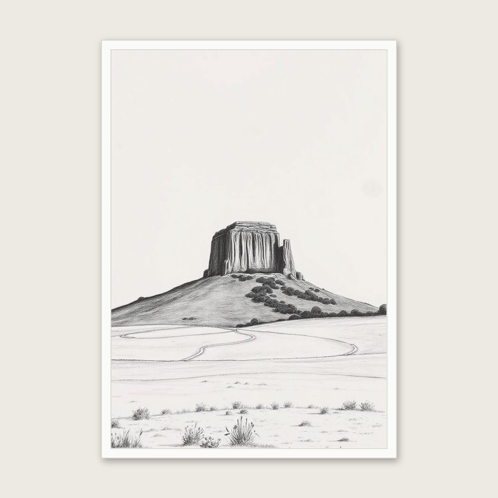 Glastonbury Tor - Framed Charcoal Landscape Print in Black & White in a white frame