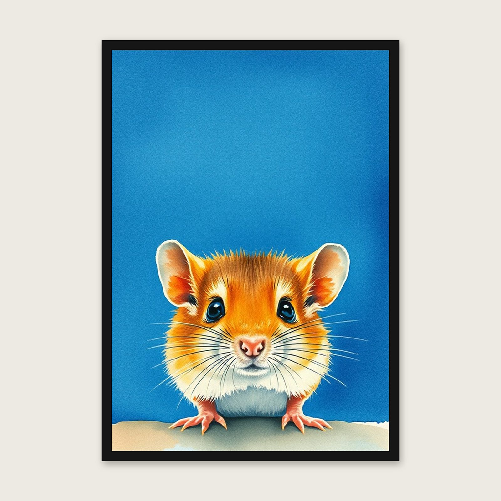 Harvest Mouse Animal Wall Art - Framed Bold Colour Watercolour Print shown in a black frame
