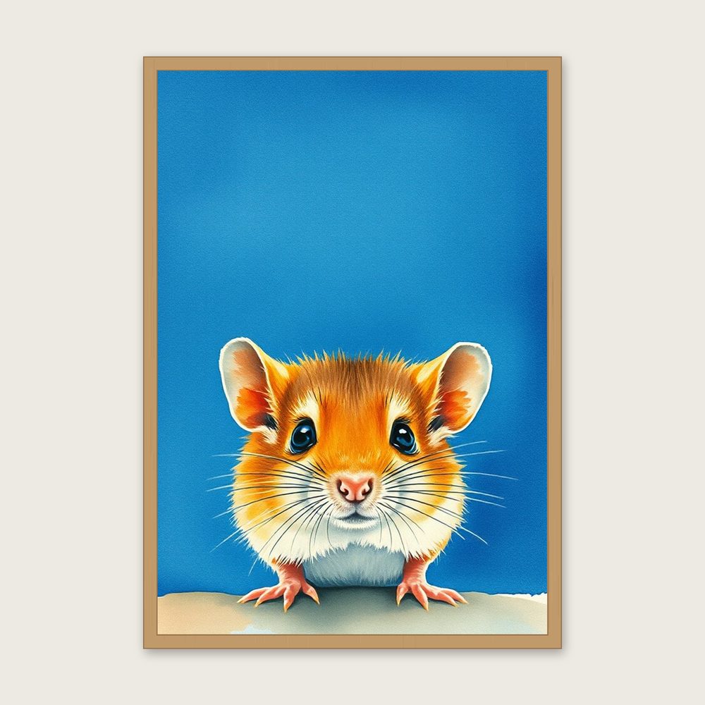Harvest Mouse Animal Wall Art - Framed Bold Colour Watercolour Print in a oak frame