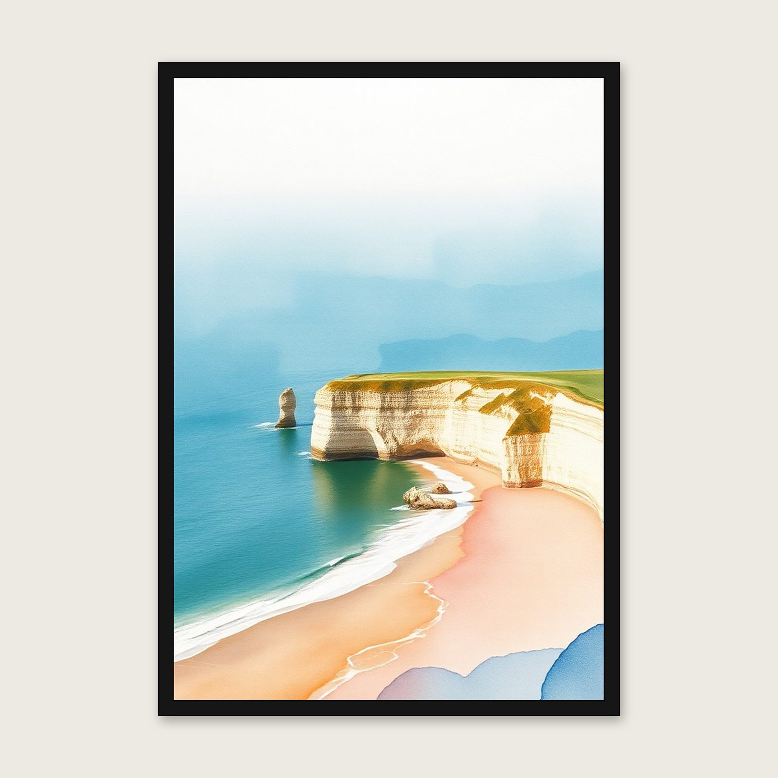Three Cliffs Bay - Framed Watercolour Landscape Print in Two Tone shown in a black frame