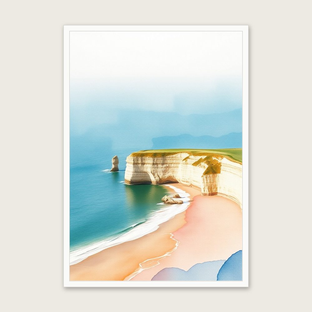 Three Cliffs Bay - Framed Watercolour Landscape Print in Two Tone in a white frame