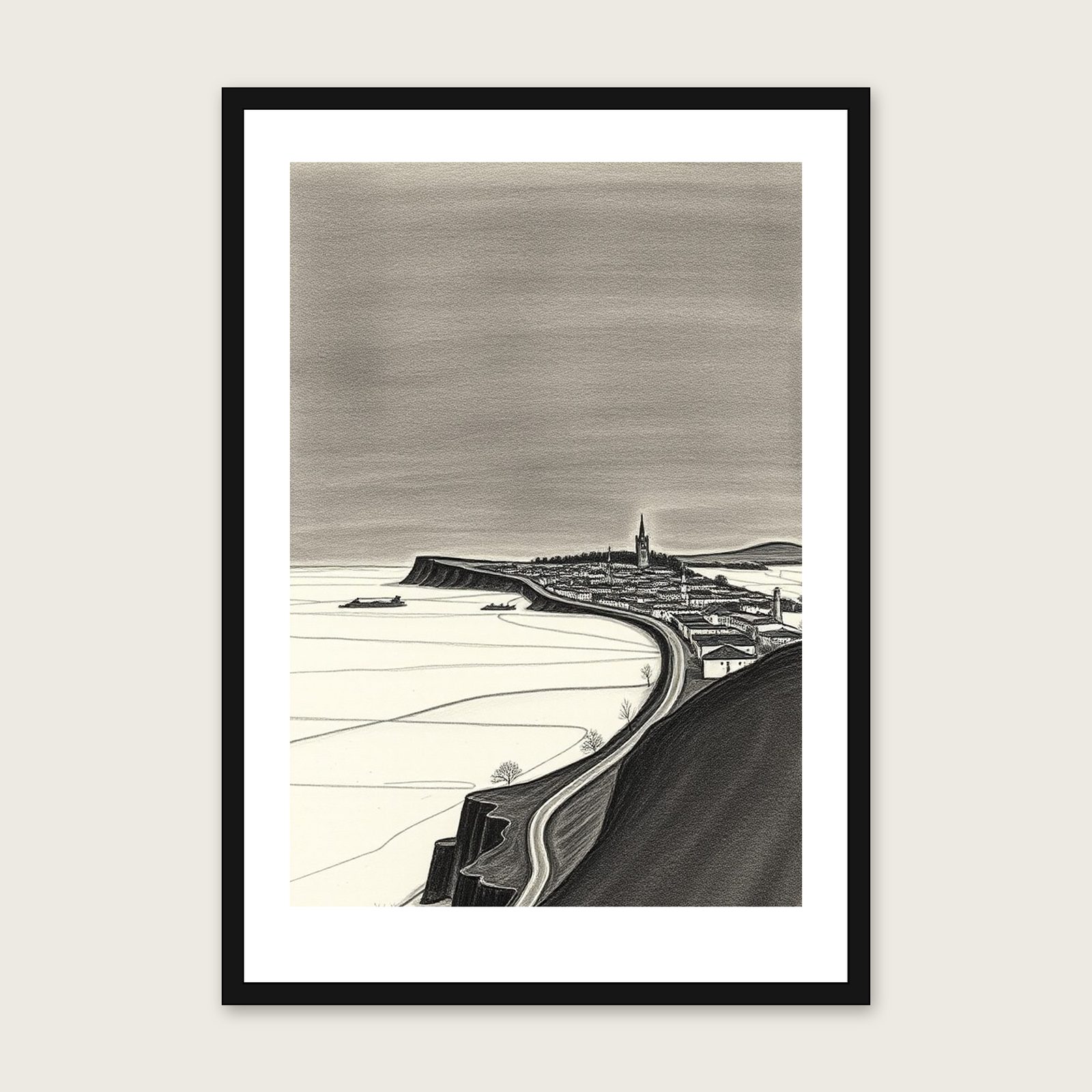 Framed Charcoal Print of Northumberland National Park - Black & White Landscape Wall Art shown in a black frame