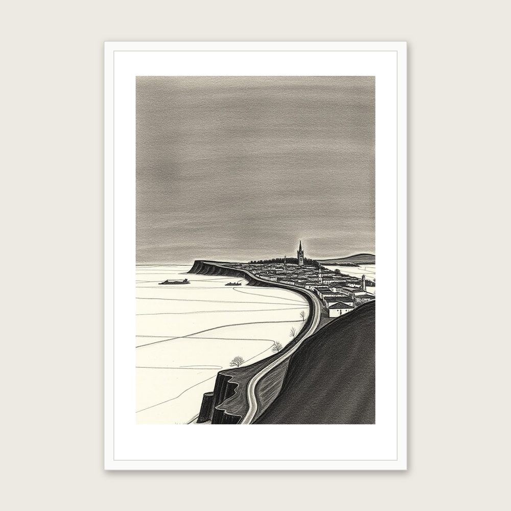 Framed Charcoal Print of Northumberland National Park - Black & White Landscape Wall Art - White Frame, A3