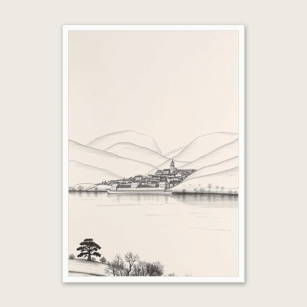Loch Lochy Charcoal Print - Framed Black & White Landscape Wall Art in a white frame