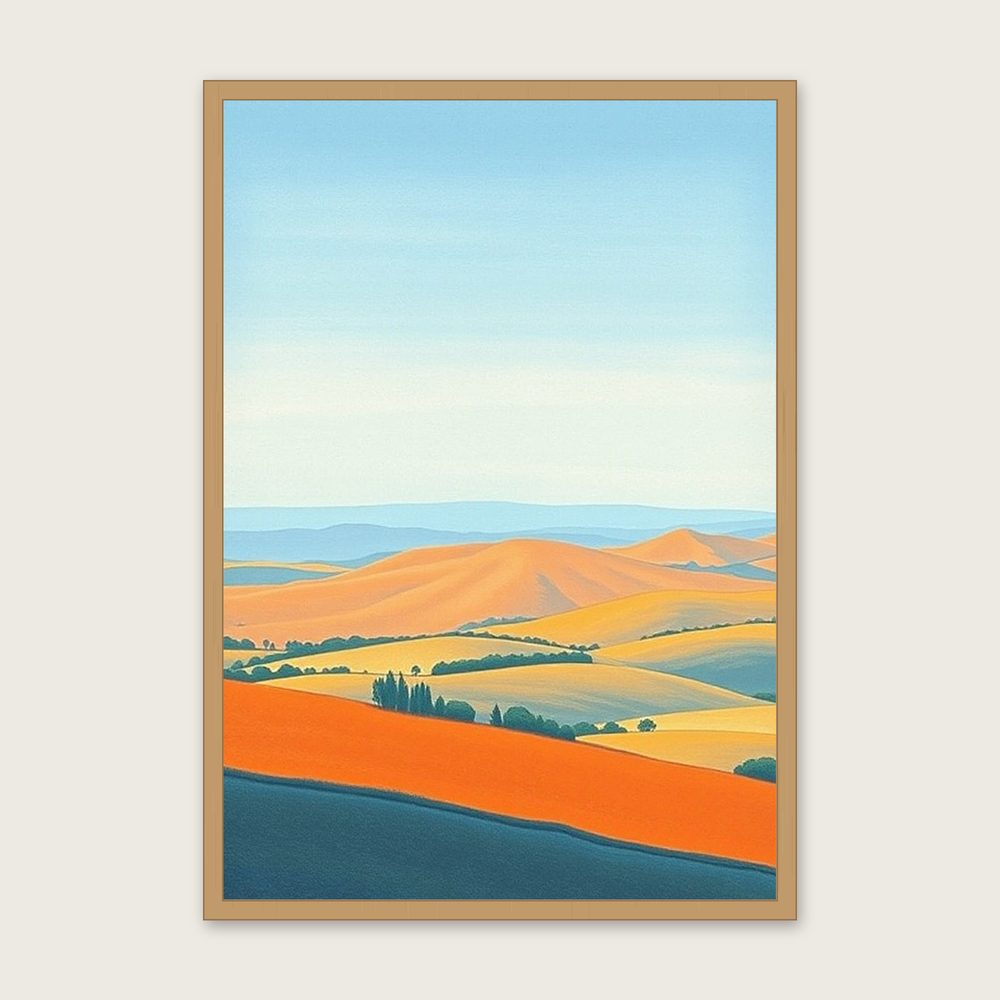Framed Pastel Print of The Long Mynd - Bold Colour Landscape Wall Art in a oak frame