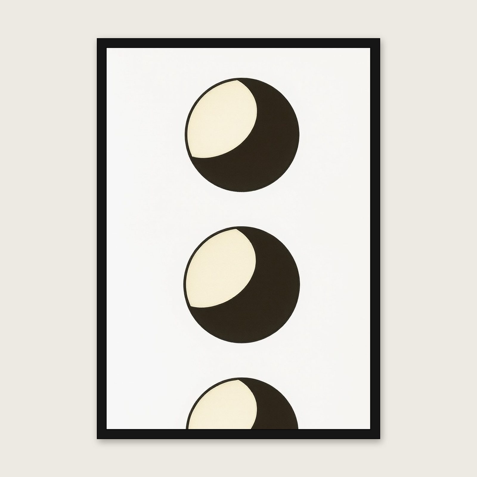 A Waxing Gibbous Moon Celestial Wall Art - Framed Two Tone Gouache Print shown in a black frame
