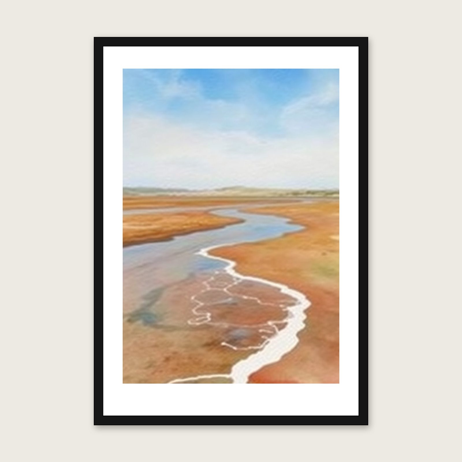 Lunan Bay Watercolour Print - Framed Two Tone Landscape Wall Art shown in a black frame